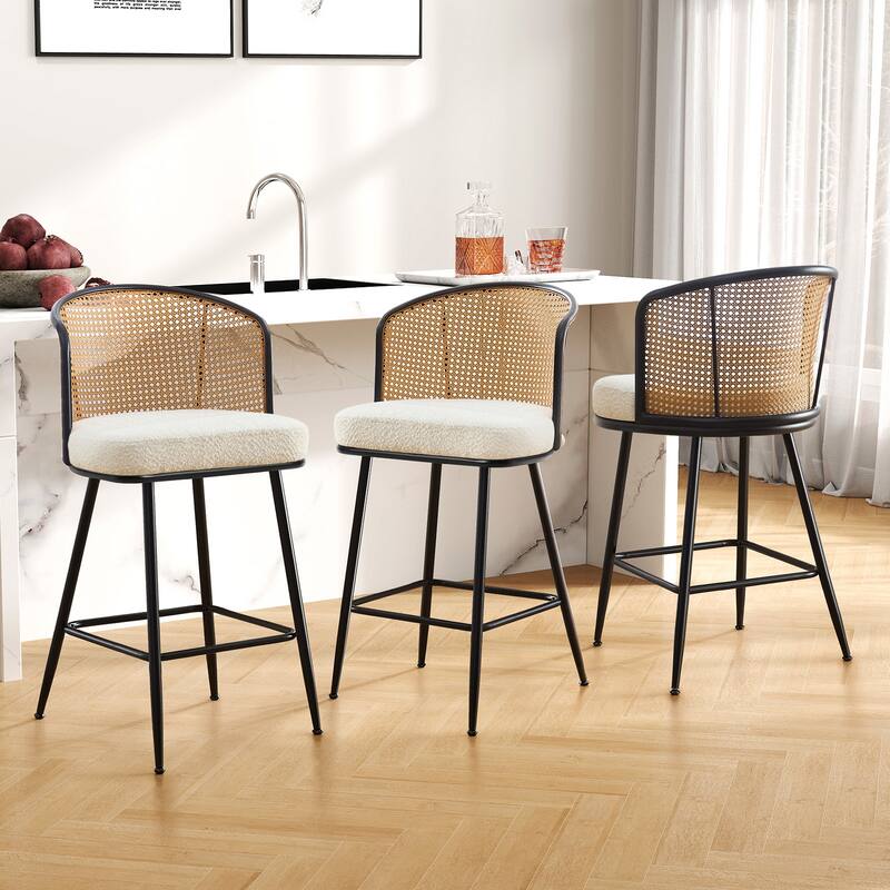 26"/29" Rattan Upholstered Bar Stool /Counter Stools Set of 2/3/4 - Set of 3 - Fabric-White - Counter Height
