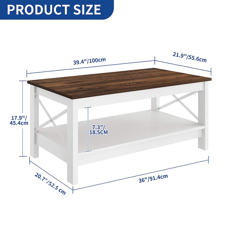 Moasis Farmhouse Coffee Table with Shelf, 2-Tier Center Table for Living Room