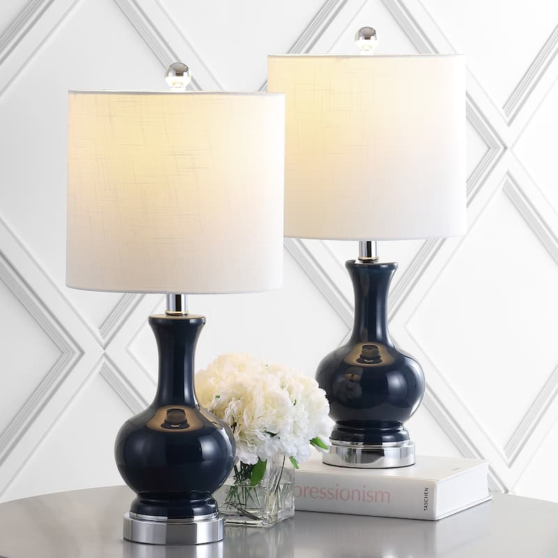 Vermont 22" Glass/Metal LED Table Lamp, White (Set of 2) by JONATHAN Y - Navy/Chrome/White