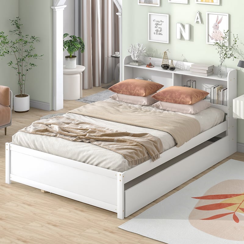 Full Bed with Trundle,Bookcase - White
