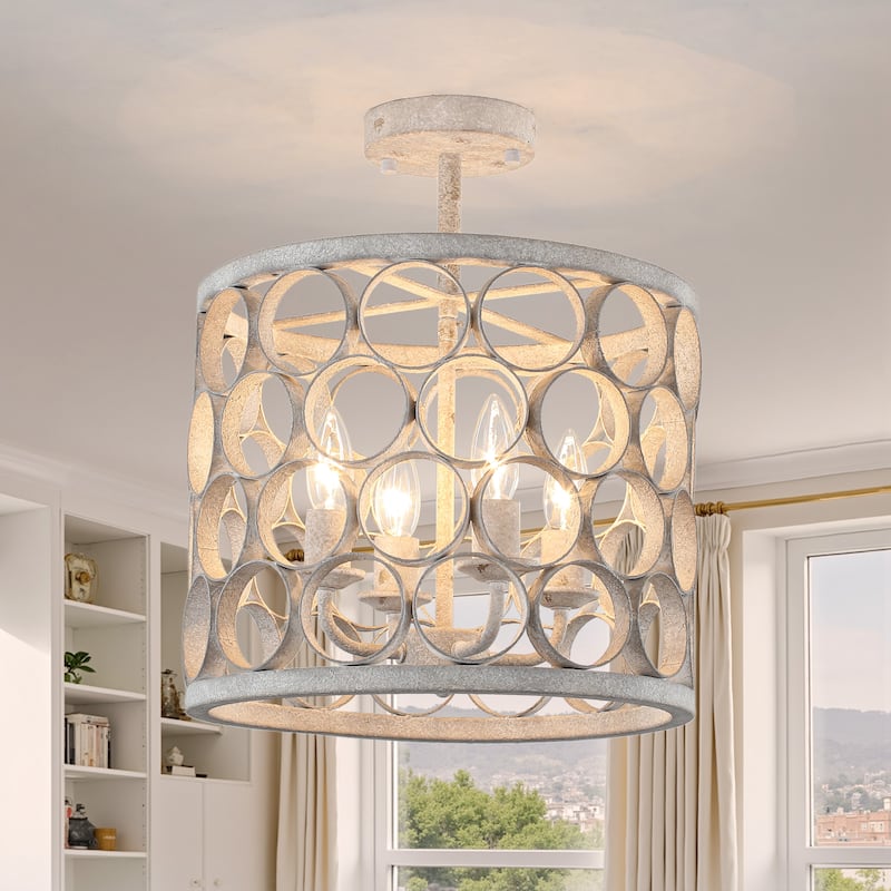 4 - Light Metal Ring - Shaped Semi - Flush Mount Ceiling Light - Distressed White