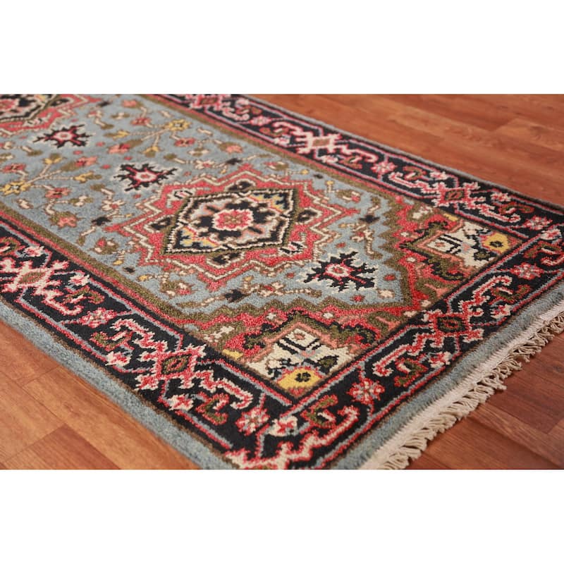 Hand Knotted Oriental 100% Wool Carpet Traditional Geometric Navy Blue & Blues Heriz (serapi) Runner Rug - 7' 11'' X 2' 7''