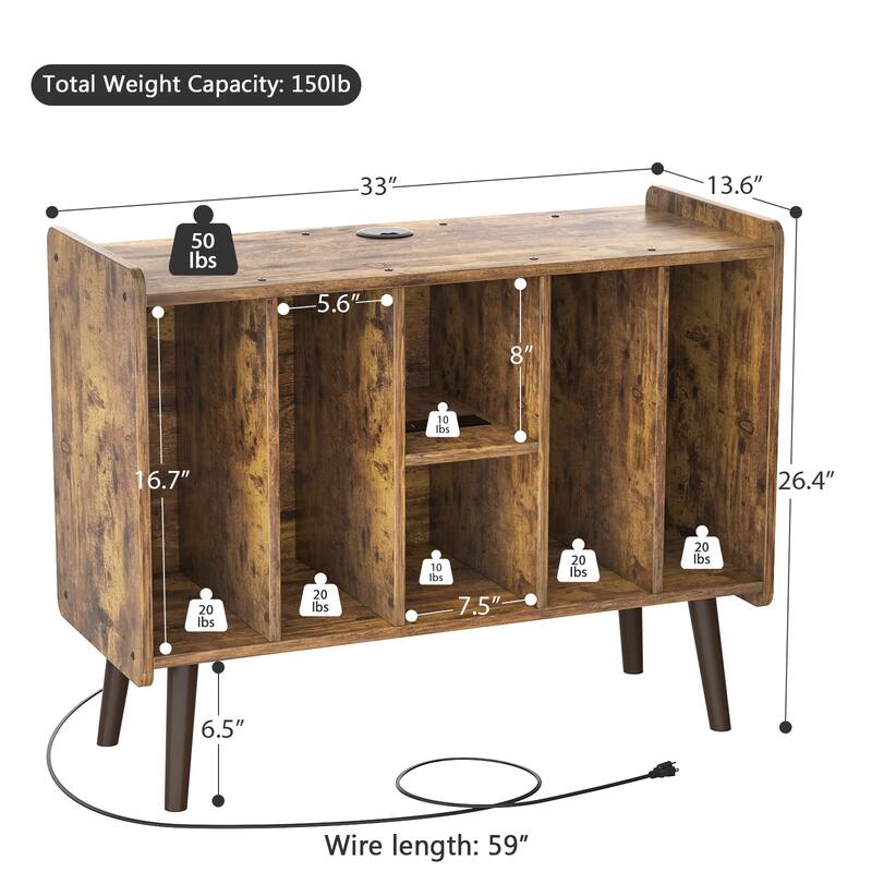 Retro Vinyl Stand with Charging Hub, Record Player Stand with Power Outlet and USB Ports