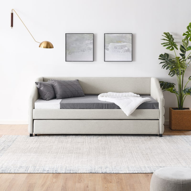 Linen Fabric Upholstered Daybed with Pull-Out Trundle or Storage Drawers, Tufted Sofa Bed Frame with Wood Slat Support