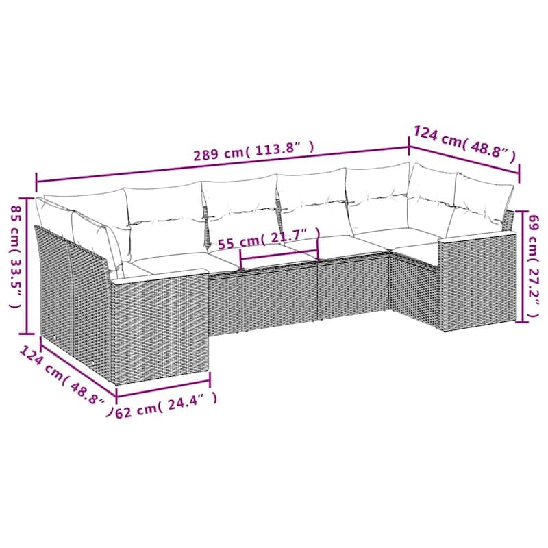 vidaXL Patio Sofa Set with Cushions Outdoor Furniture 7 Piece Poly Rattan - 24.4 x 24.4 x 27.2 in