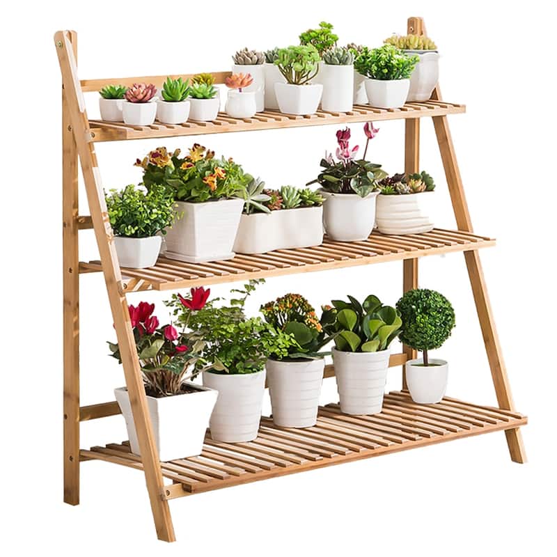 Bamboo Wooden 3-Tier Ladder Plant Stand Foldable