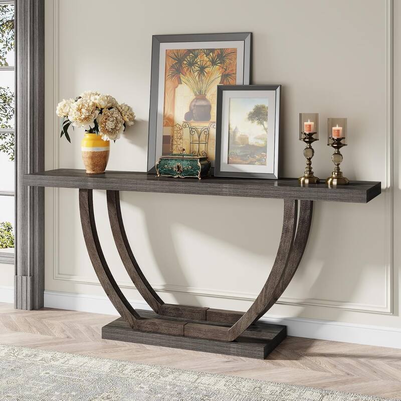 63 Inches Brown Wood Console Table with Geometric Base for Living Room