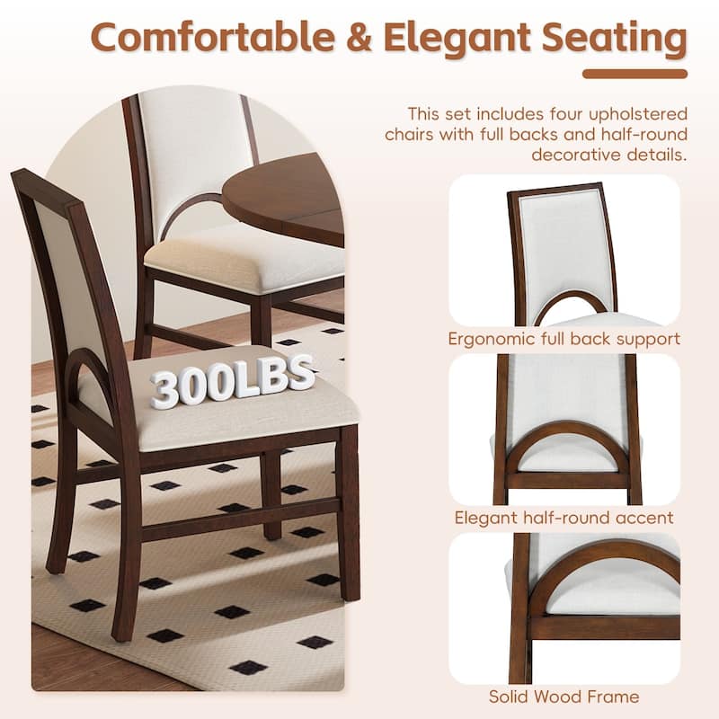 5-Piece Set, 57.3" Extendable Dining Table with 4 Upholstered Chairs