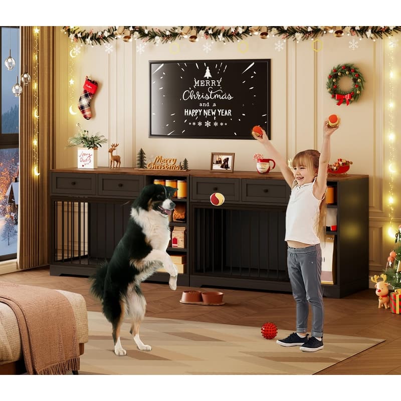 Wooden Dog Cage Furniture Indoor Crate Kennel TV Stand with Drawers Shelves
