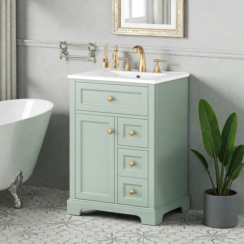 24" Bathroom Vanity with Sink, 3 Drawers and Cabinet with Door Storage Rack, MDF and Pine Wood, Modern Design