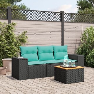 vidaXL 4 Piece Patio Sofa Set with Cushions Black Poly Rattan - 21.7" x 24.4" x 27.2"