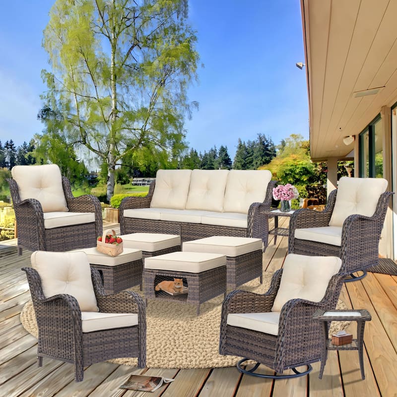 Outdoor Patio Furniture Set Brown Wicker Patio Conversation Seating Sets - 11 Seats - Beige