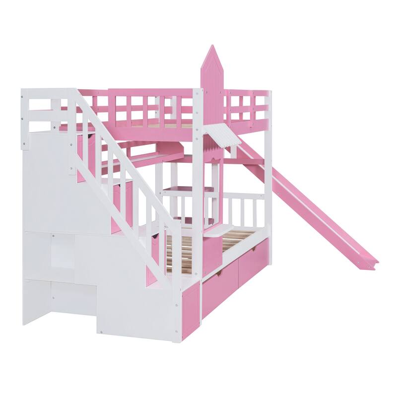 Twin Over Twin Pine Castle Bunk Bed with Slide, Drawers, Shelves, and Staircase