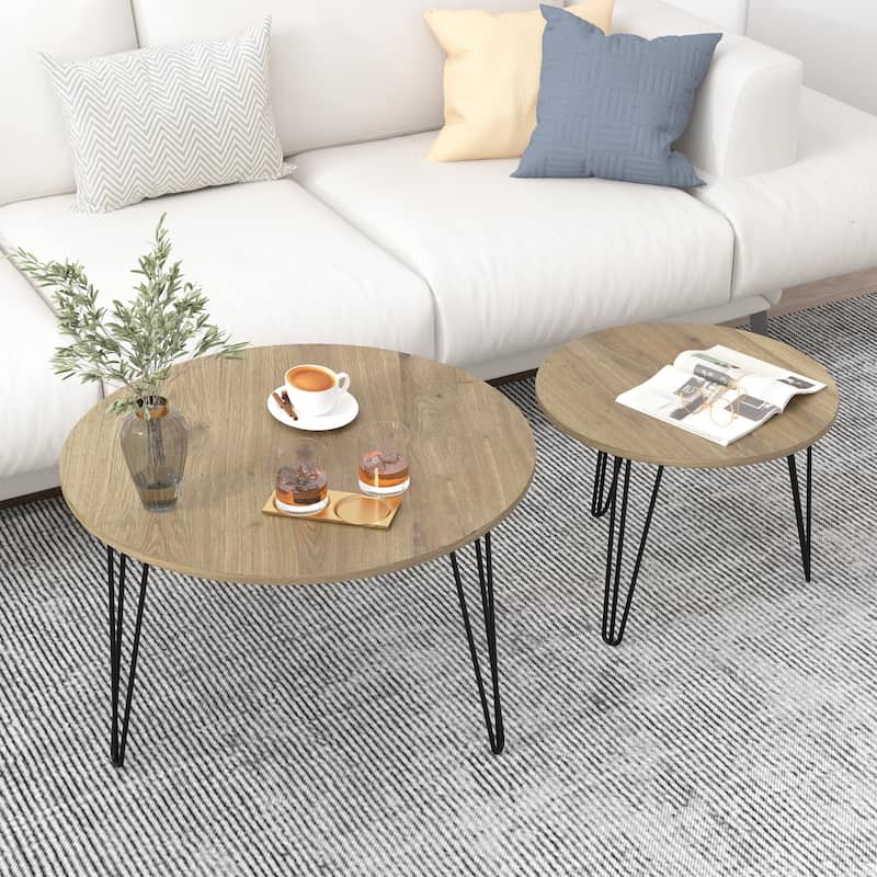 Wood End Table Coffee Table Dining Table Set of 2 with Iron Legs Sofa Table Display Table Office Table for Bedroom - Rustic Brown