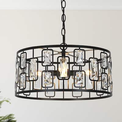 Dana Modern 4-Light Crystal Black Drum Chandelier for Dining Room Foyer - D16.5"* H9.5"
