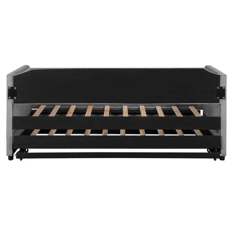 Extendable 2-in-1 Daybed Frame, Space-Saving Twin to King Design,Twin Size Velvet Upholstered Daybed with Pop Up Trundle