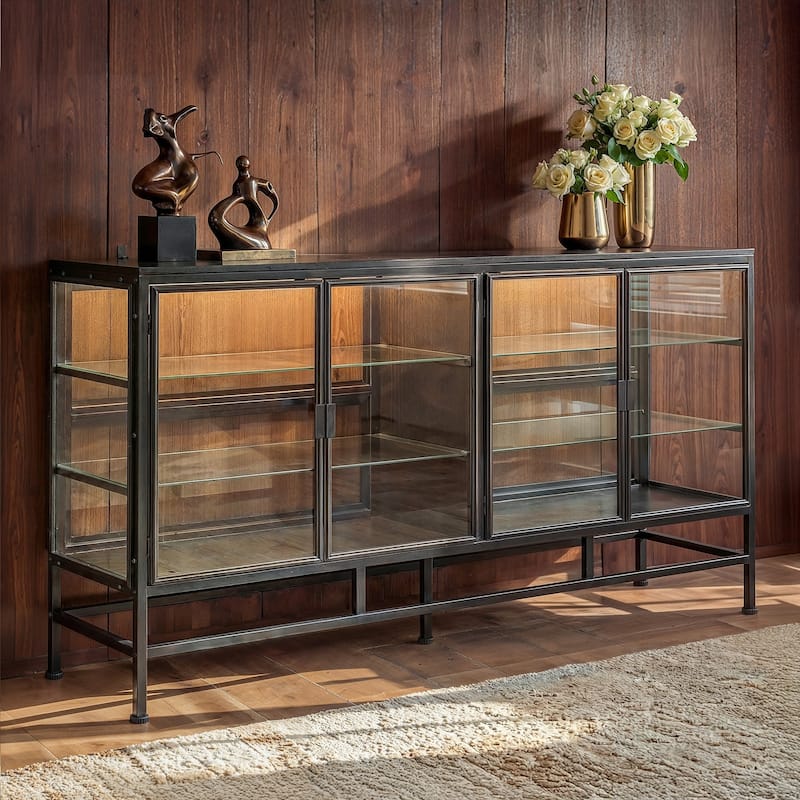 63" Industrial Glass Display Cabinet with LED Lights, 4-Door Metal & Wood Curio Sideboard for Living Room