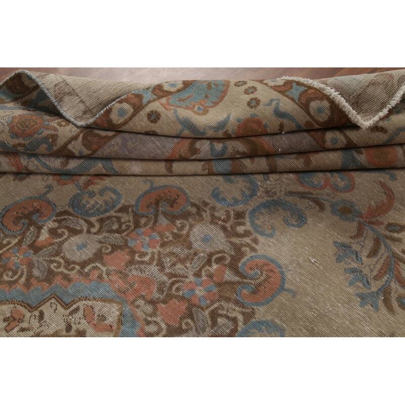 Distressed Floral Tabriz Persian Vintage Area Rug Handmade Wool Carpet - 9'4"x 12'10"