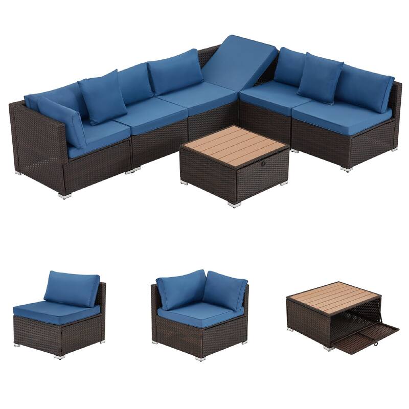 EROMMY 6/7 Piece Modular Outdoor Rattan Sofa Set, All-Weather Wicker Patio Furniture with Storage Table, Cushions & Pillows