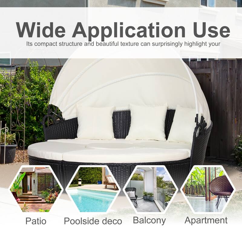 Outsunny 4-piece Cushioned Outdoor Rattan Wicker Round Sunbed or Conversational Sofa Set with Sun Canopy