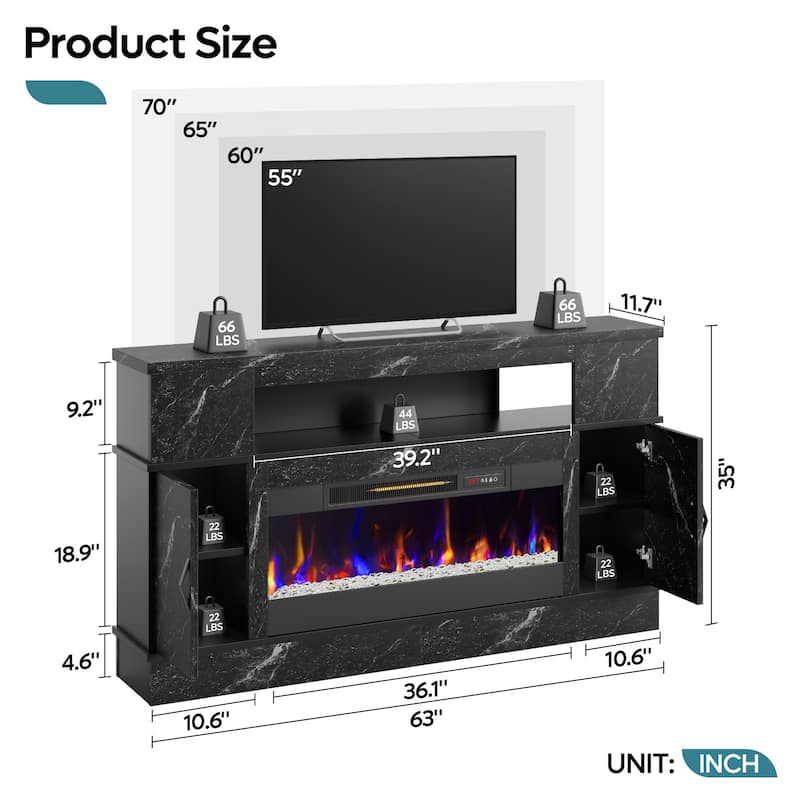 Bestier 63 in. White Marble Freestanding Electric Fireplace TV Stand Fits TV Up to 70 in. Entertainment Center with Cabinet