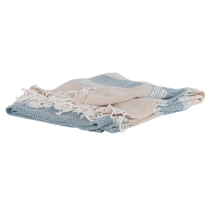 HomeRoots 50" X 60" Aqua Cotton Woven Striped Throw Blanket with Fringe
