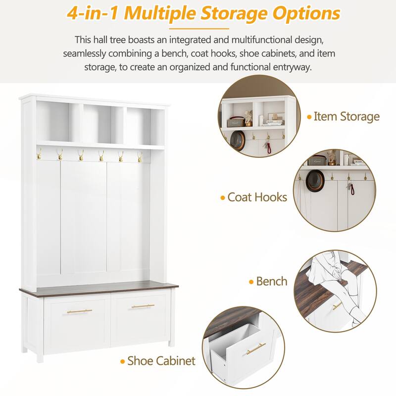 Versatile 4-in-1 Hall Tree with 6 Golden Hooks and Wood Grain Bench