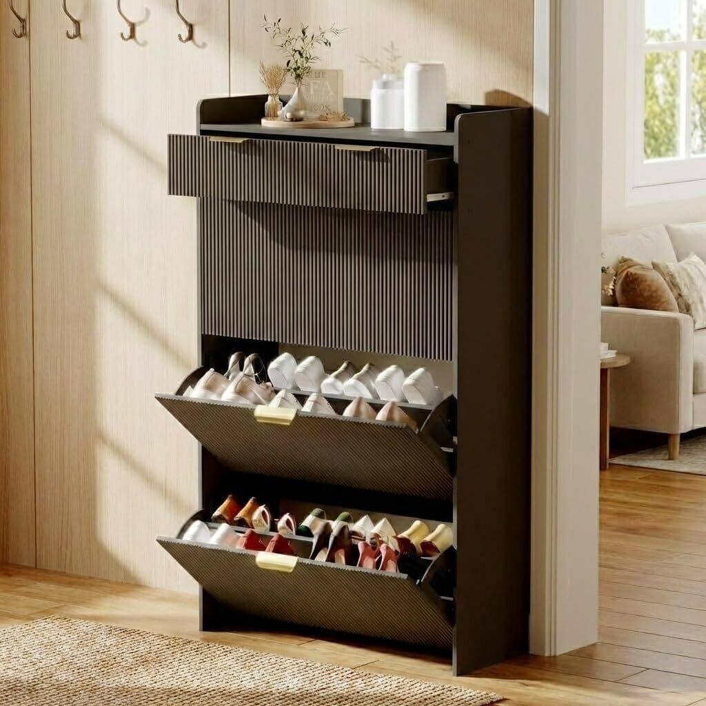 Modern Fluted Slim Shoe Storage Cabinet Organizer with 3 Flip Drawers for Apartment
