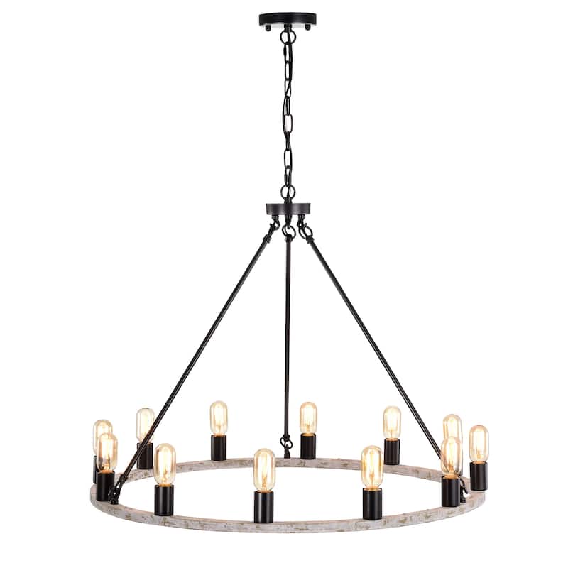 Sofie Weathered White+Smith Iron 12-Light 35-Inch Wagon Wheel Chandelier