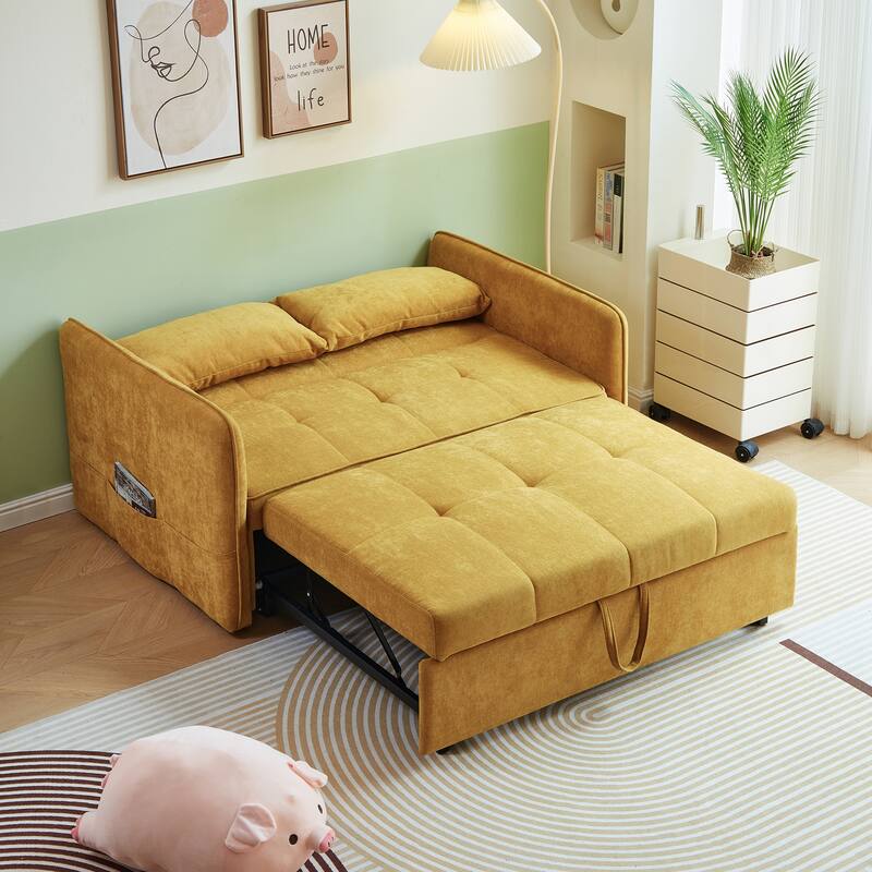 Yellow Fabric Pull-out Sofa Bed with Adjustable Armrests