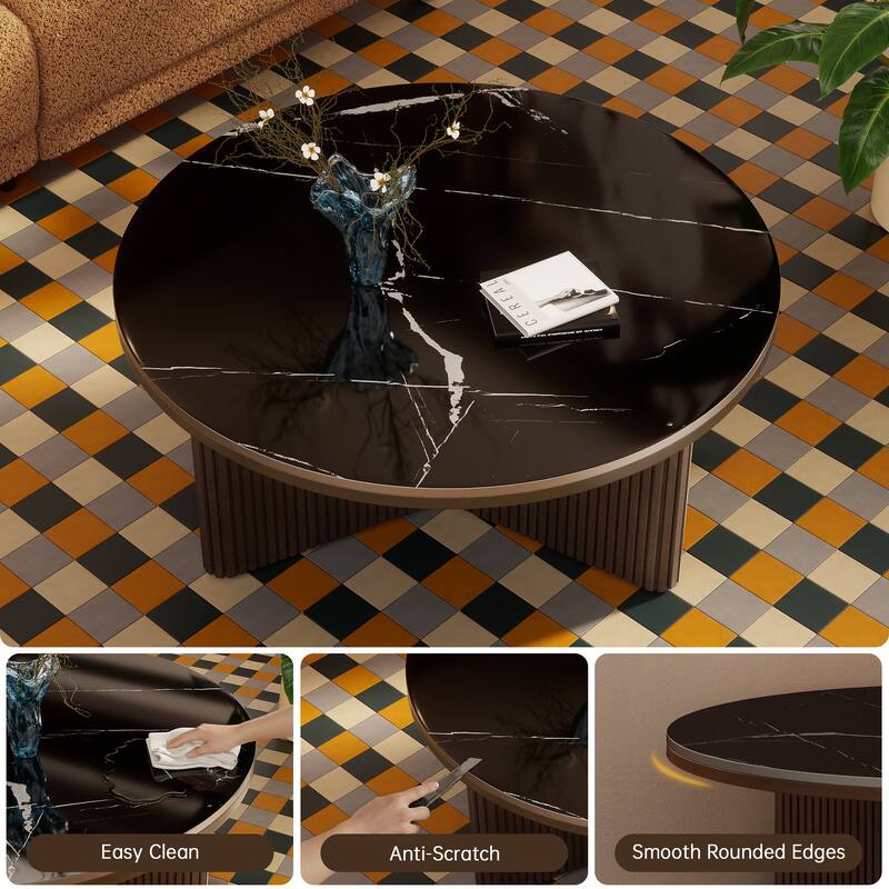 35" Round Coffee Table with Sintered Stone Top and Vertical-Groove Column Base for Living Room