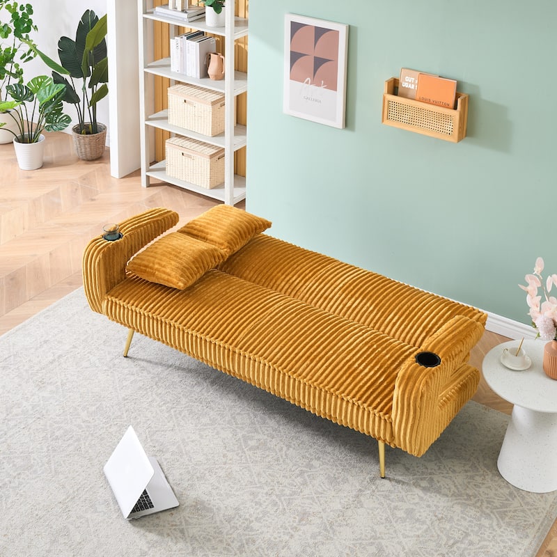 Loveseat Sofa, Adjustable Backrest Corduroy Love Seat Bed w2 Cup holder & 2 Pillows Living Room 2-seat Hollow Armchair