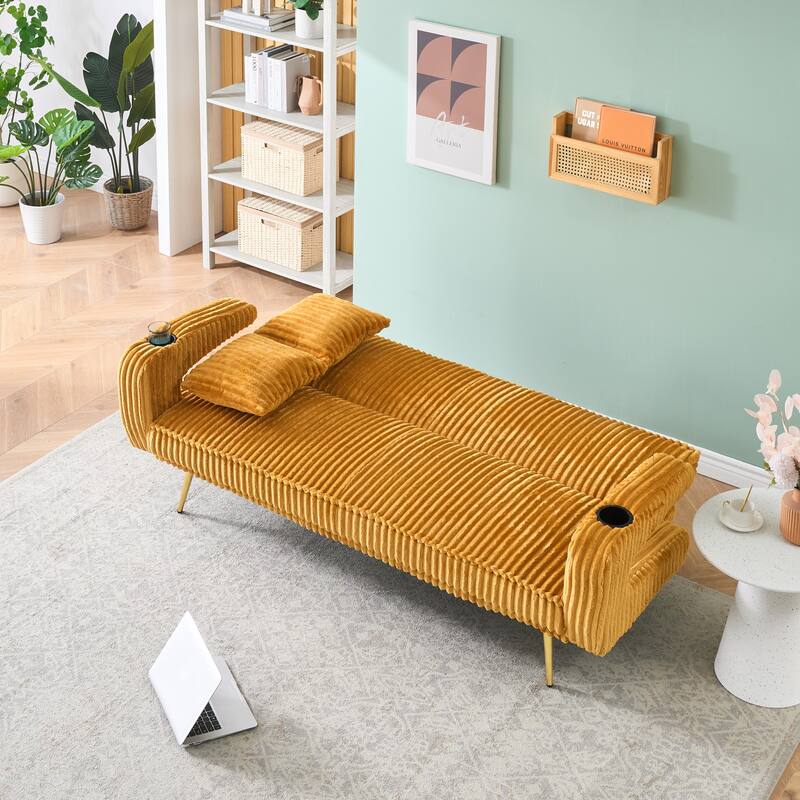 Straight-Row Corduroy Sofa With Throw Pillows, Featuring A Minimalist Style - Orange