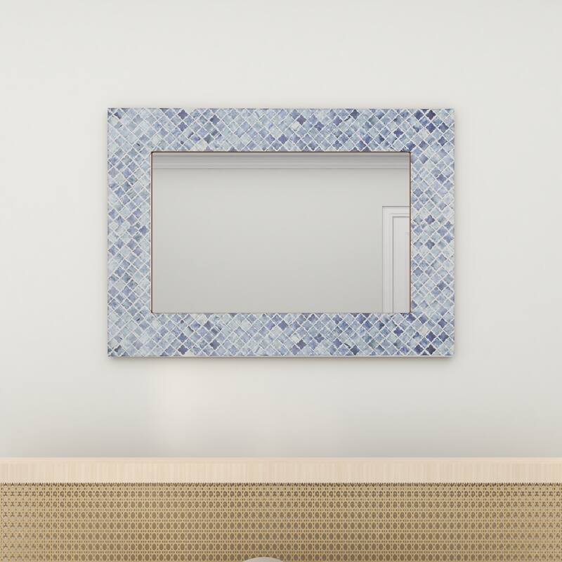 Blue Wood Quatrefoil Room Wall Mirror with Bone Inlay