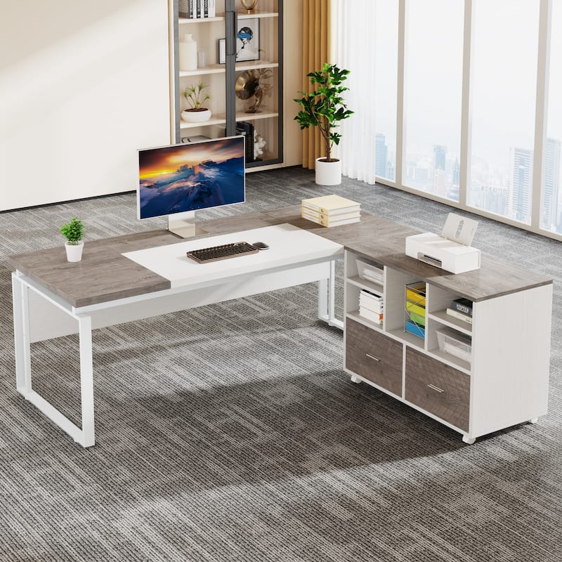 2-Drawer Wood File Cabinet with Open Shelves, Mobile Lateral Filing Cabinet for Hanging Letter Size Files