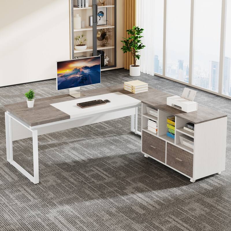 63" L-Shaped Executive Desk with Reversible File Cabinet Office Desk with Storage Drawers - Grey+White
