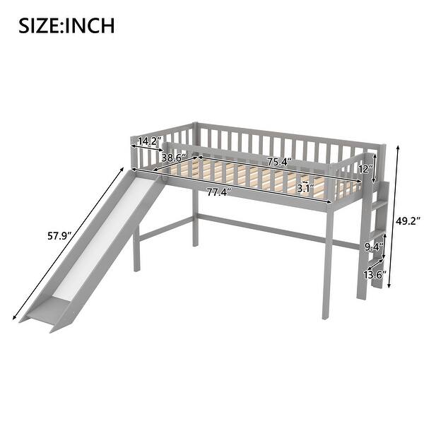 dimension image slide 1 of 2, Elegant Style, Solid Construction,Long-time Use, Wood Low Loft Bed with Ladder and Slide,Twin Size