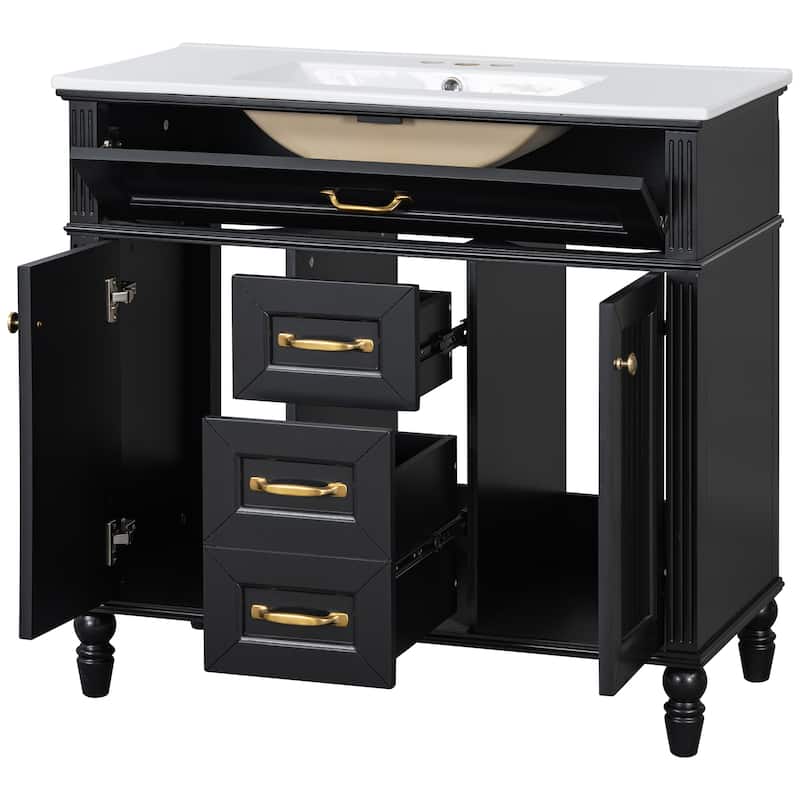 GDF Studio - Sunny Modern Solid Wood + MDF 36-Inch Bathroom Vanity with Ceramic Sink and Flip-Out Drawer