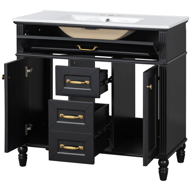 Roomfitters 36" Bathroom Vanity with Sink, Solid Wood Frame, Flip-Out Drawer & Soft-Close Doors