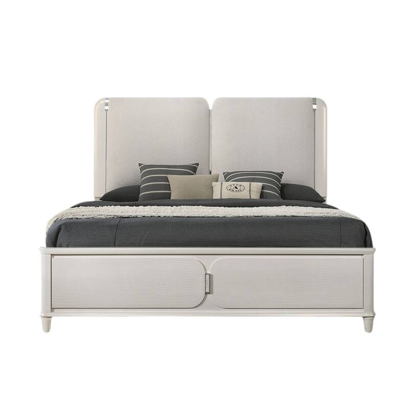 Boucle Upholstered Queen Bed with LED Light in Light Gray and Pearl White