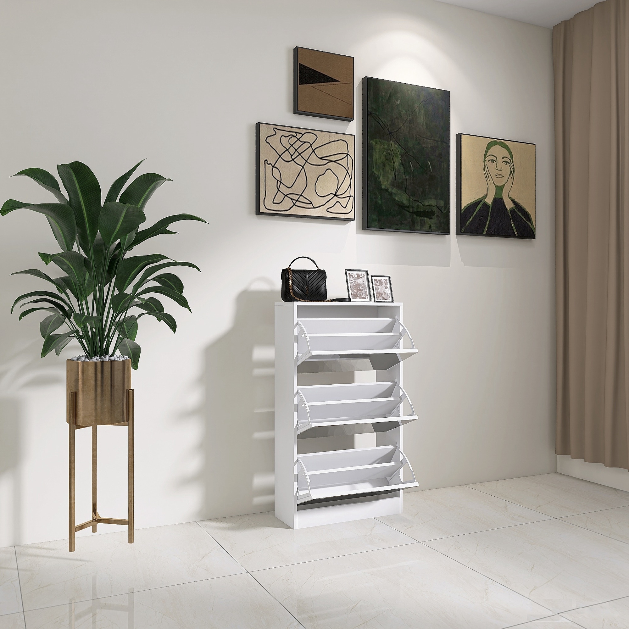 White Swivel Shoe Cabinet with Doors 3-Tier Modern Entryway Shoe