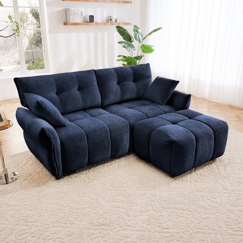 Chenille Fabric Loveseat Sofa with Ottoman, Minimalist Living Room Couch, Modern Flared Arms 2-Seater Sofa for Apartment - Blue