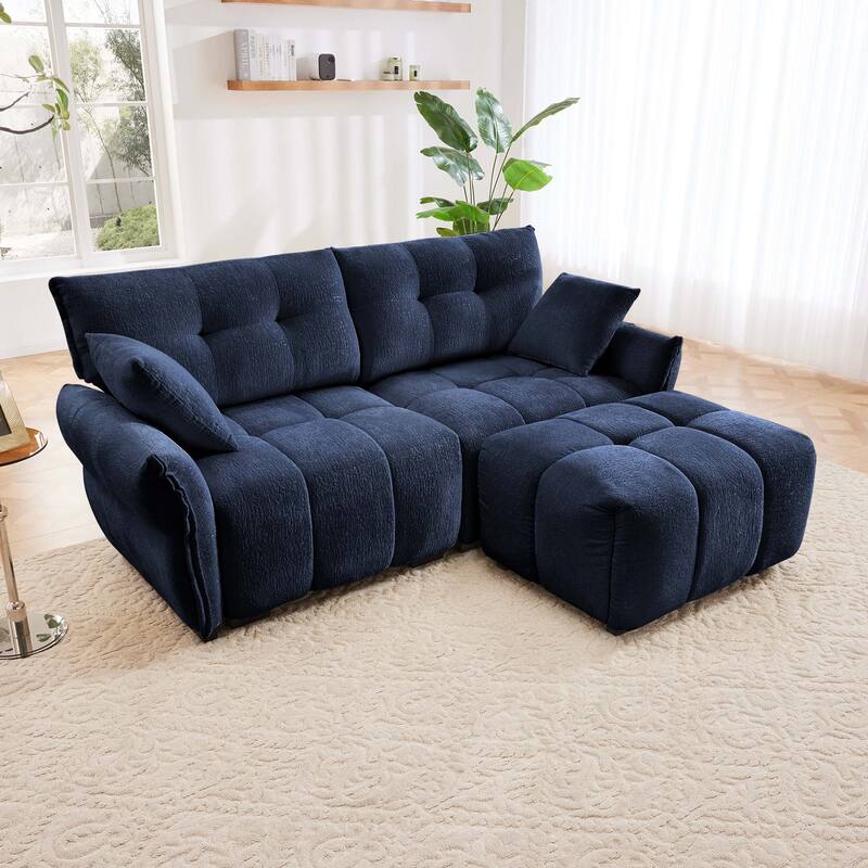 Modern 2-Seater Loveseats Sofa with 1 Ottomans & Throw Pillow - Blue