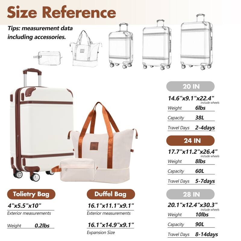 Hardshell Luggage Sets with Bags Lightweight Suitcase Double Spinner Wheels with TSA Lock ,Single Vintage Luggage 24 IN