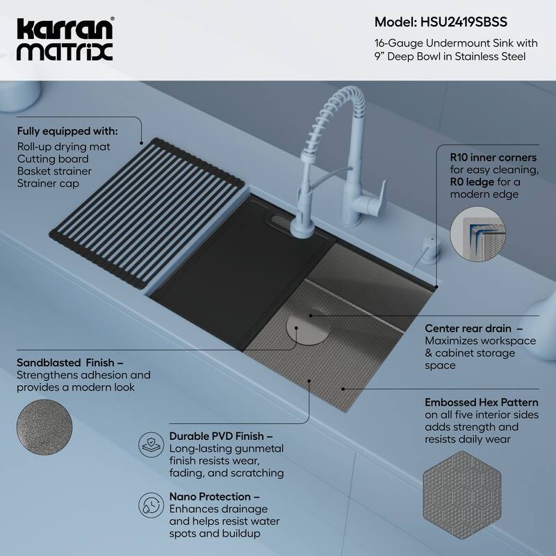 Matrix 24" Undermount Workstation 16 Gauge Single Bowl Stainless Steel Kitchen Sink with Accessories
