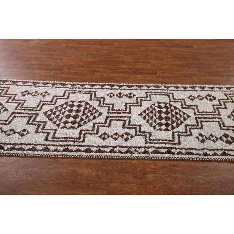 Geometric Anatolian Turkish Runner Rug Handmade Beige Wool Carpet - 3'1"x 11'6"
