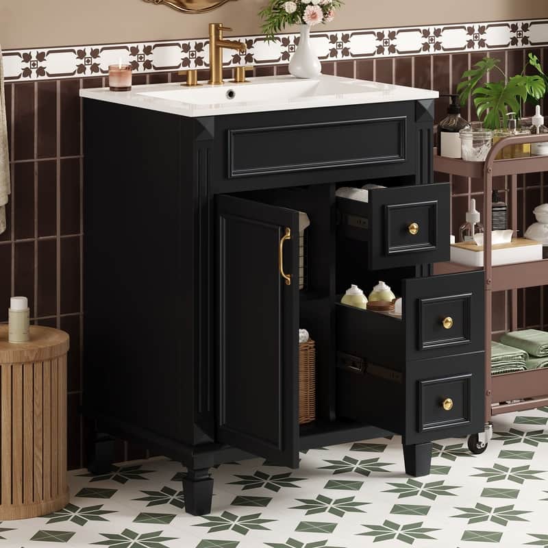 24" Bathroom Vanity with Ceramic Sink, 2 Drawers and Adjustable Shelf - Black