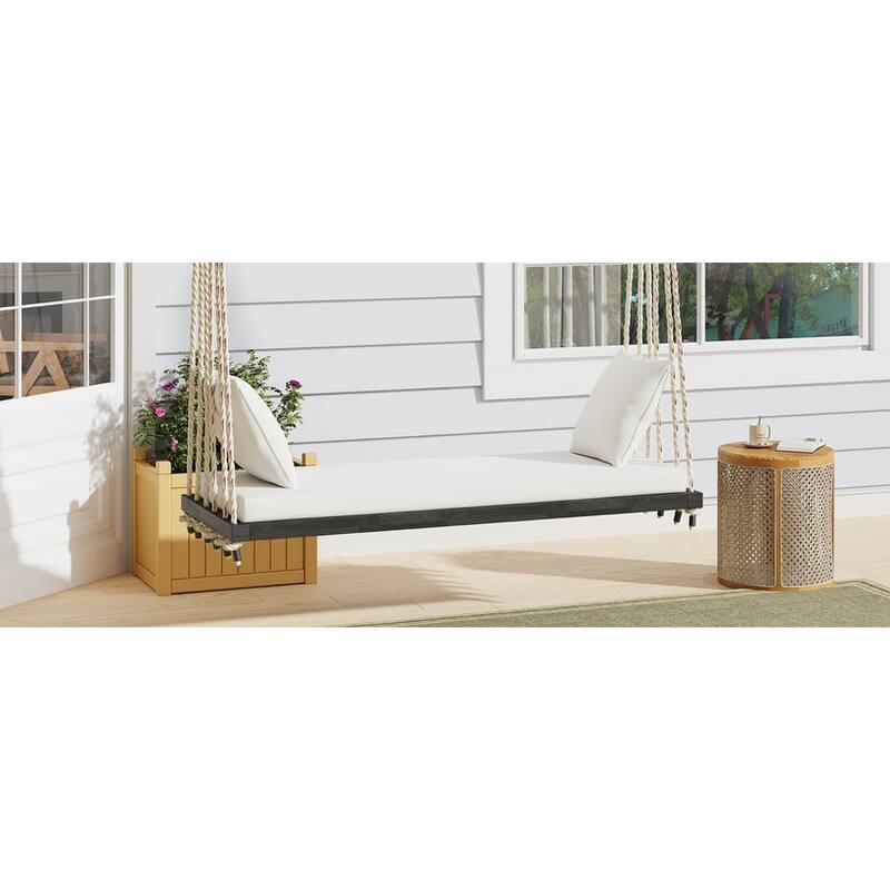 Patio Wooden Hanging Porch Swing Bench with Cushion and Pillows for Garden and Backyard