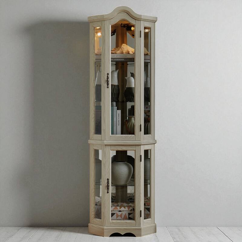 Lighted Corner Curio Cabinet with Tempered Glass Doors, Adjustable Shelves, Oak Finish Display Storage for Home Decor