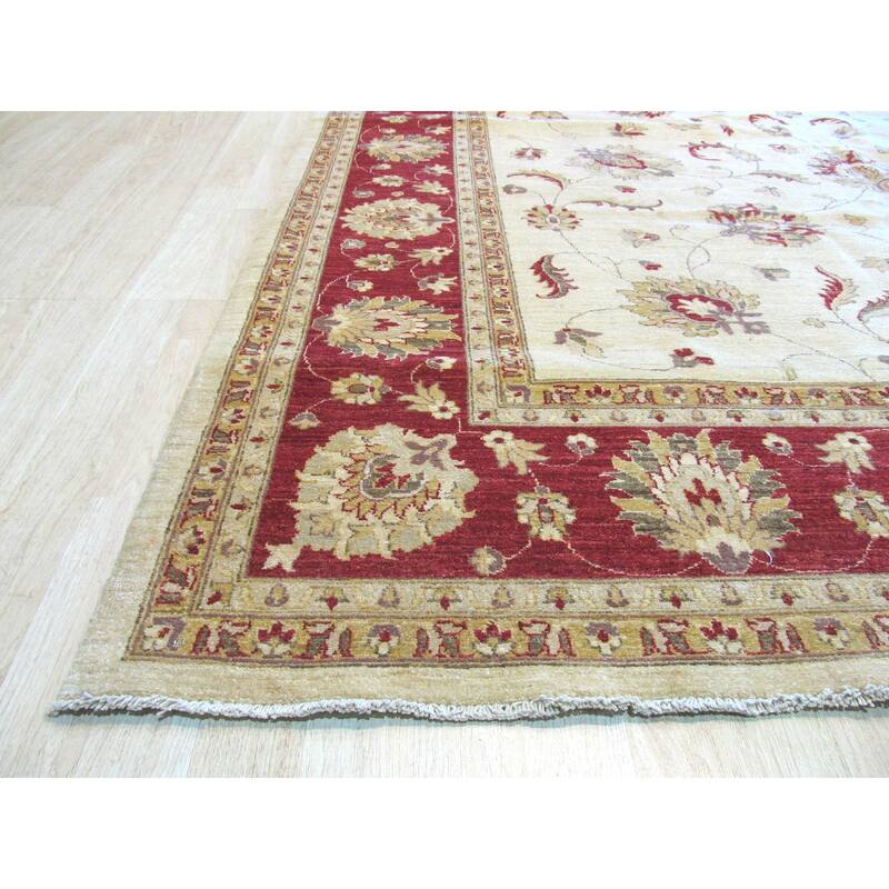 Ivory Hand-Knotted Wool Traditional Peshawar Rug, 10'3 x 14', Elegant Large Floor Rug - L